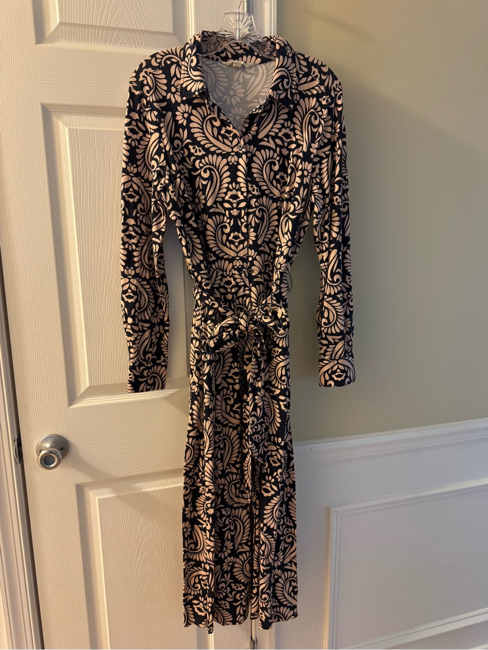Boden Navy and Pink Printed Long-Sleeve Wrap Dress
